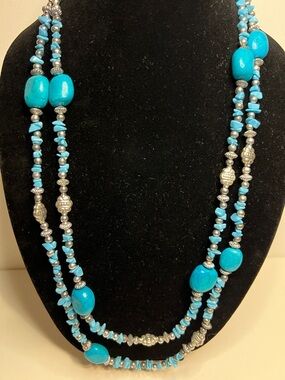 Turquoise and Silver Tone Beaded Long Necklace One Strand Wrap Around to Layer